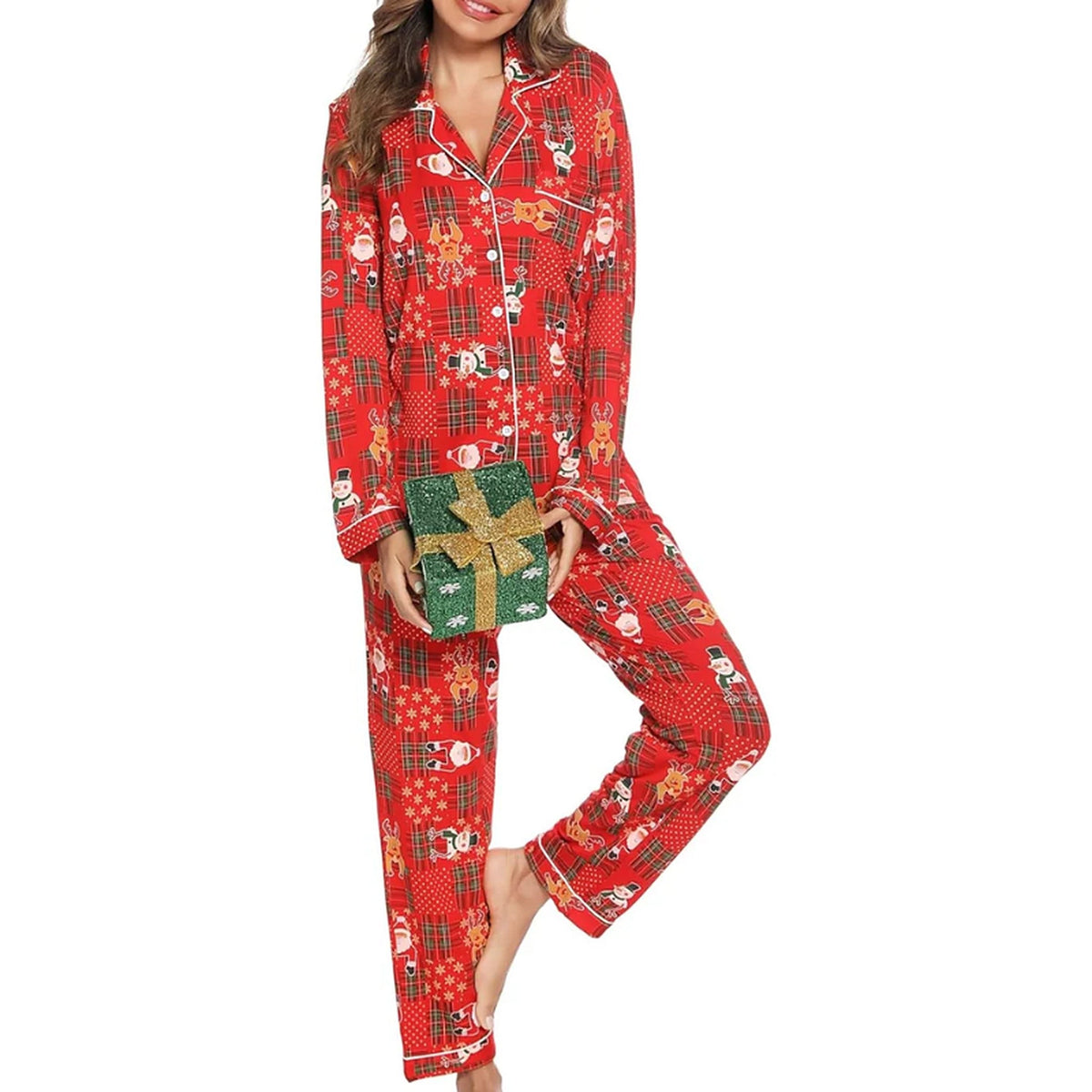 Pijama navideño para mujer - Camisa abotonada y pantalón largo con estampado festivo