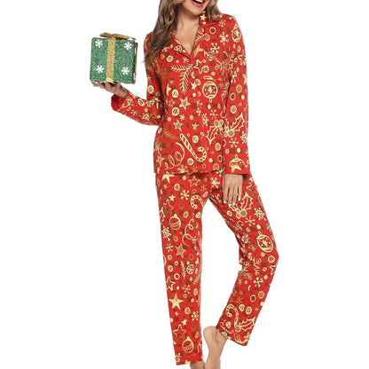 Pijama navideño para mujer - Camisa abotonada y pantalón largo con estampado festivo