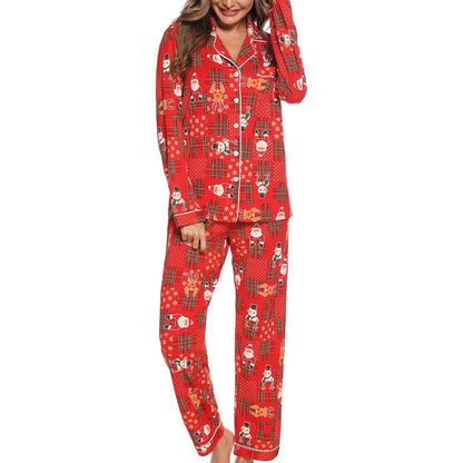 Pijama navideño para mujer - Camisa abotonada y pantalón largo con estampado festivo