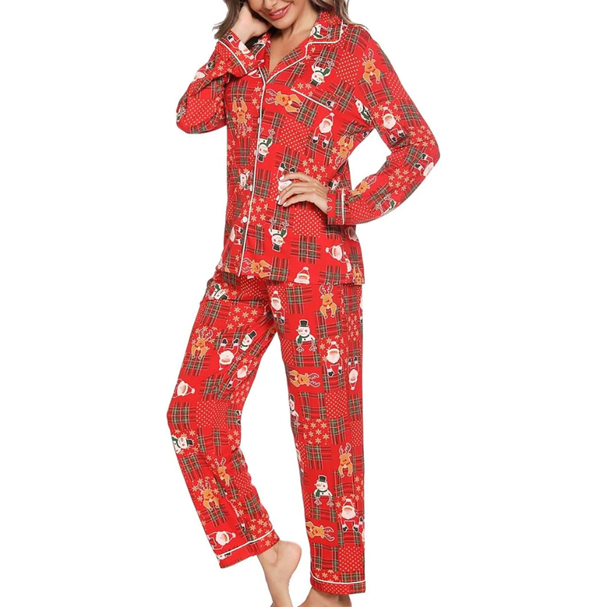 Pijama navideño para mujer - Camisa abotonada y pantalón largo con estampado festivo