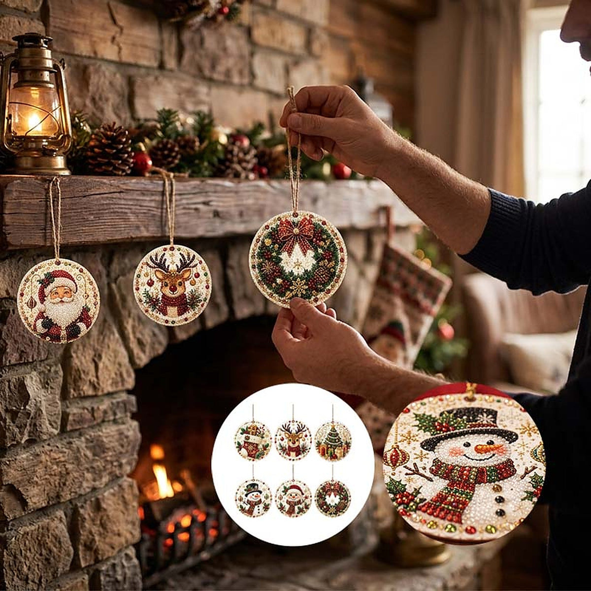 Pintura de diamantes de Navidad - Adornos navideños colgantes de madera para hacer uno mismo con pedrería