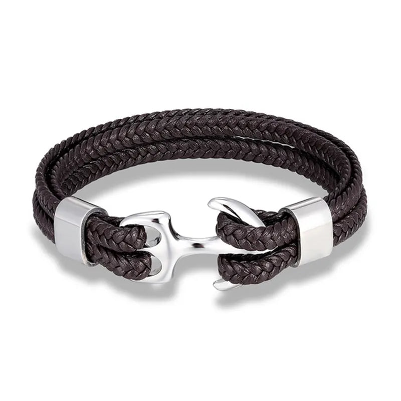 Pulsera de Cuero con Ancla Náutica | Joyería Elegante para Hombres