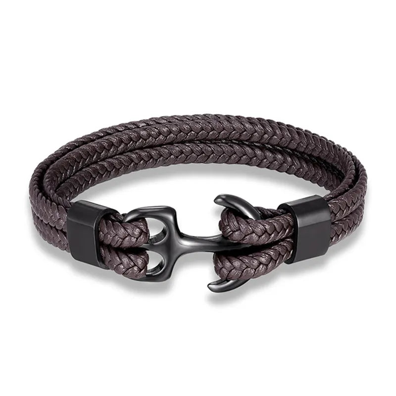 Pulsera de Cuero con Ancla Náutica | Joyería Elegante para Hombres