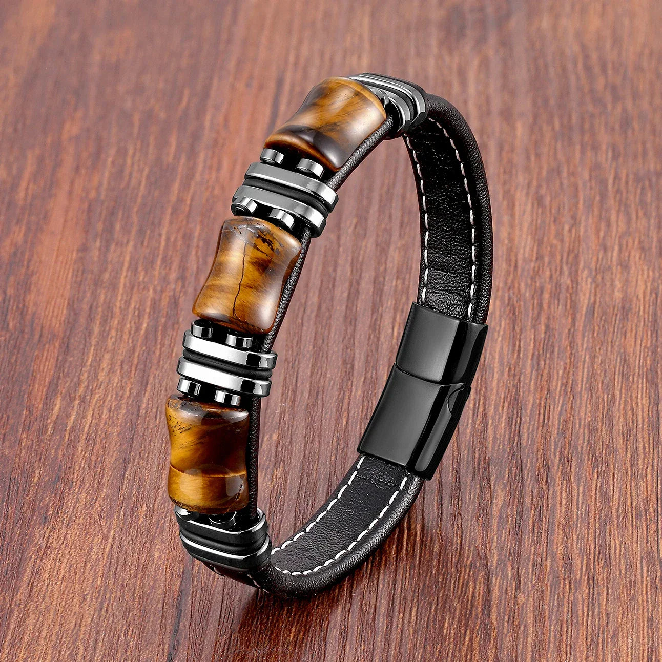 Pulsera de Cuero de Piedra Natural Ojo de Tigre | Joyería para Mujeres