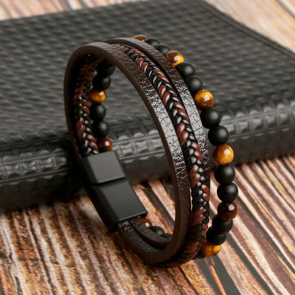 Pulsera multicapa de cuero y cuentas para hombre