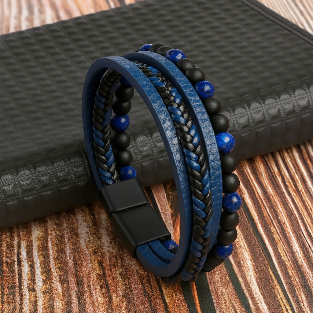 Pulsera multicapa de cuero y cuentas para hombre