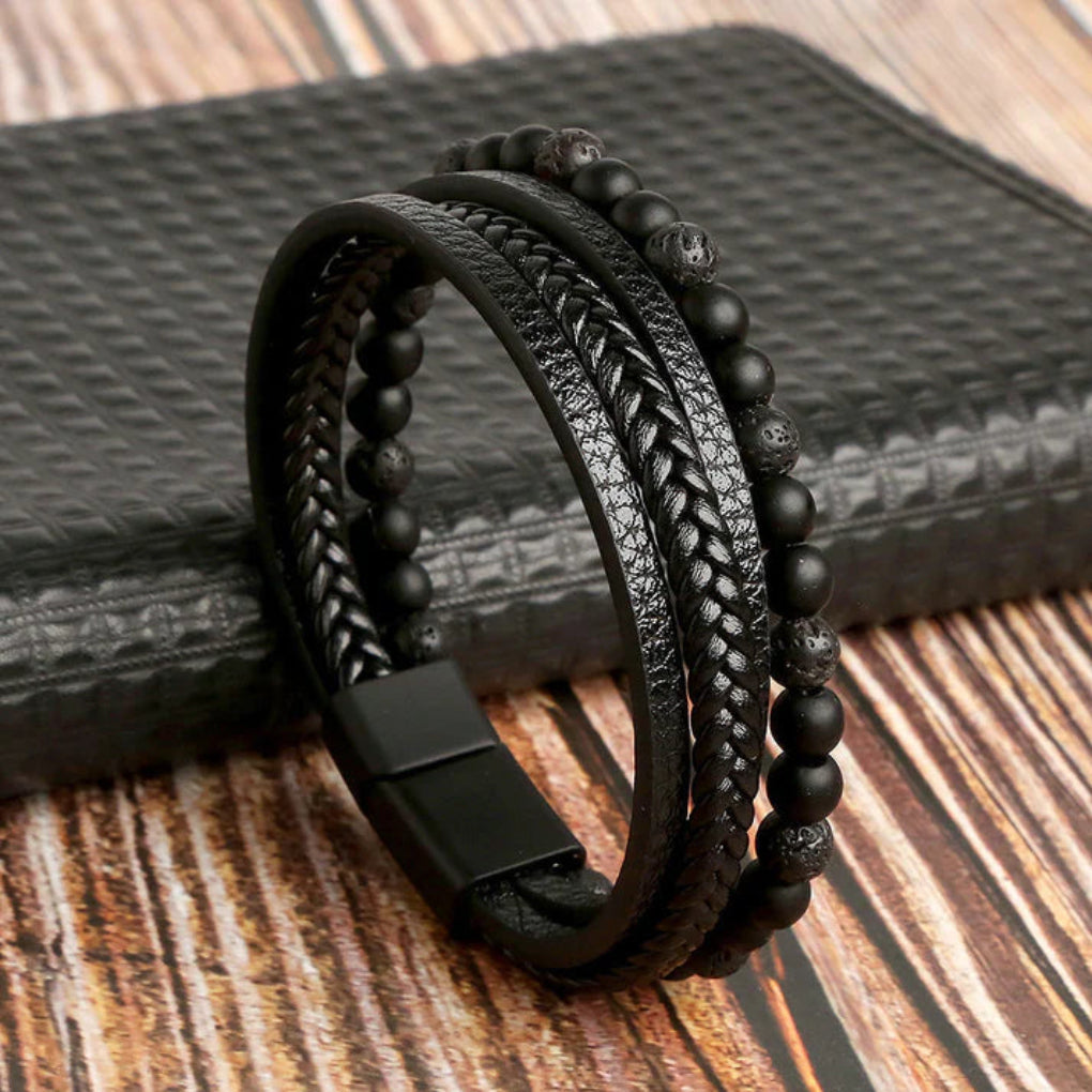 Pulsera multicapa de cuero y cuentas para hombre