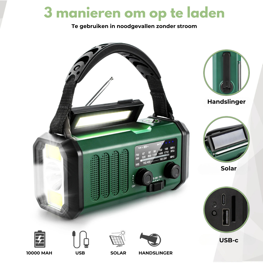 Radio de emergencia profesional con manivela y energía solar - Potente y duradera