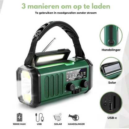 Radio de emergencia profesional con manivela y energía solar - Potente y duradera