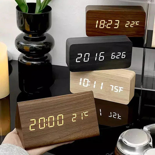 Reloj Despertador LED con Aspecto de Madera y Pantalla Digital para Decoración del Hogar