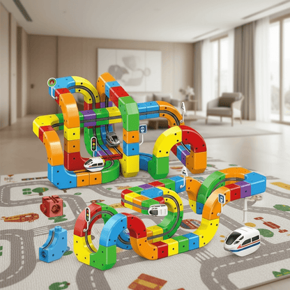 Set de construcción de circuito de tren 3D para niños con locomotora recargable