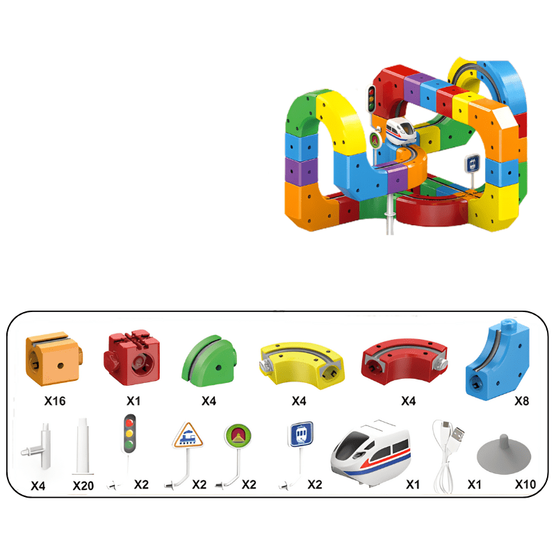 Set de construcción de circuito de tren 3D para niños con locomotora recargable