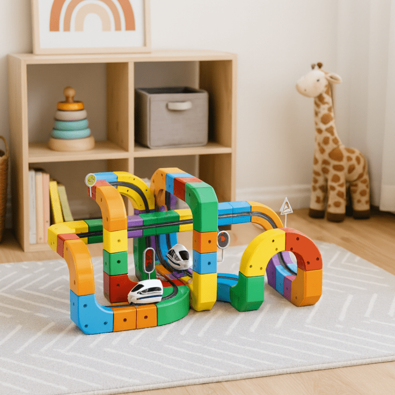 Set de construcción de circuito de tren 3D para niños con locomotora recargable