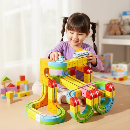 Set de construcción de circuito de tren 3D para niños con locomotora recargable