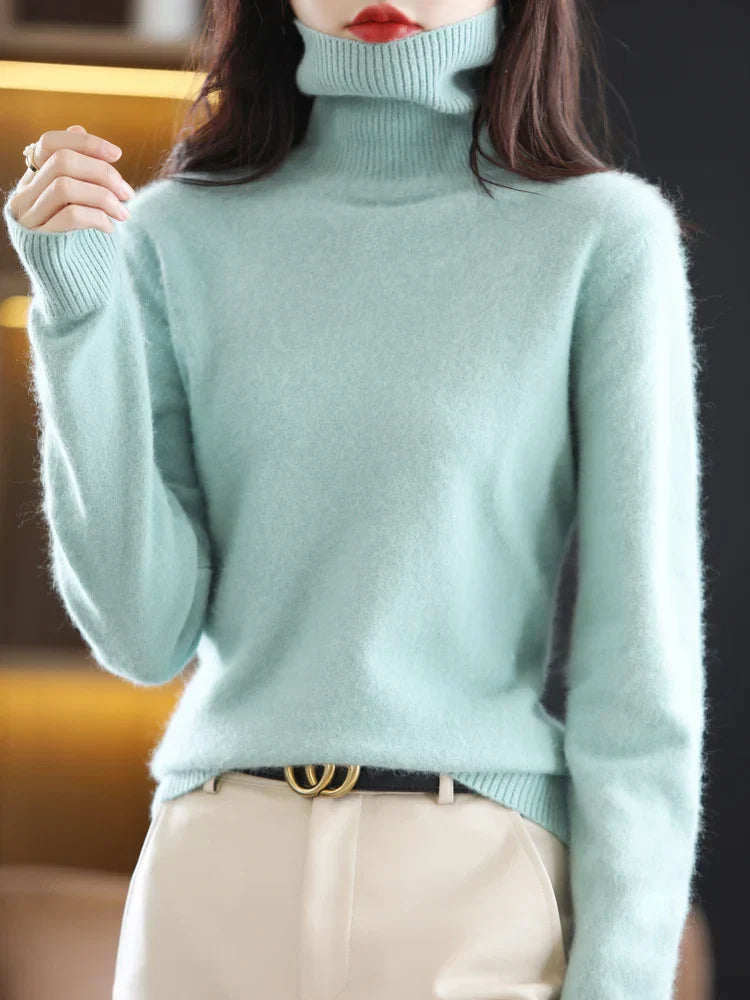 Suéter de Cuello Alto 100% Cachemira para Mujer, Cálido, Ajustado, Tejido en 23 Colores