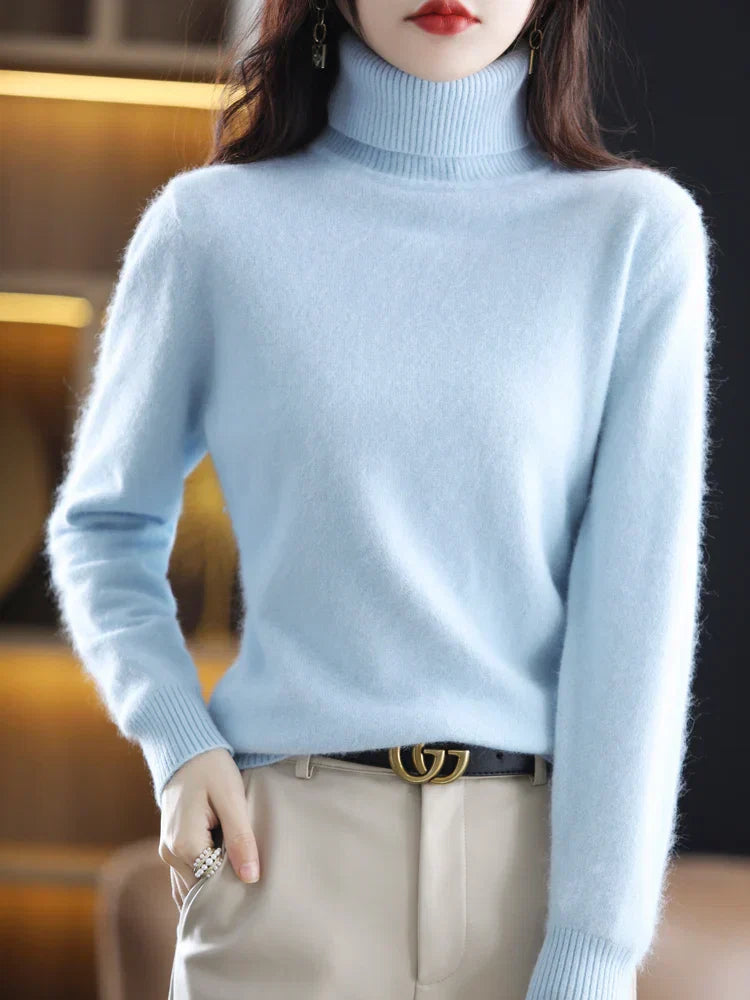 Suéter de Cuello Alto 100% Cachemira para Mujer, Cálido, Ajustado, Tejido en 23 Colores