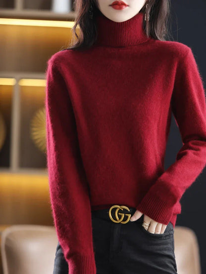 Suéter de Cuello Alto 100% Cachemira para Mujer, Cálido, Ajustado, Tejido en 23 Colores