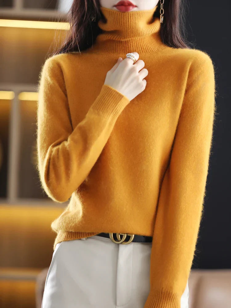 Suéter de Cuello Alto 100% Cachemira para Mujer, Cálido, Ajustado, Tejido en 23 Colores