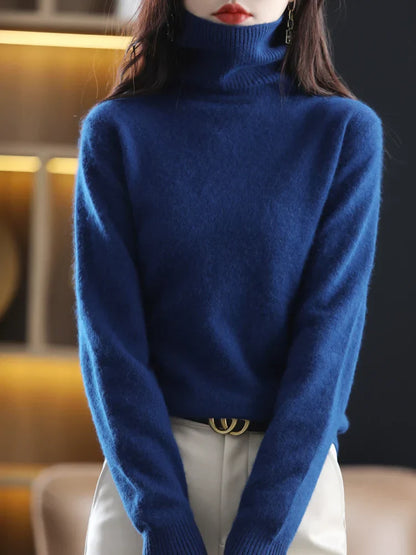 Suéter de Cuello Alto 100% Cachemira para Mujer, Cálido, Ajustado, Tejido en 23 Colores