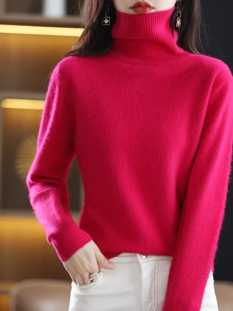 Suéter de Cuello Alto 100% Cachemira para Mujer, Cálido, Ajustado, Tejido en 23 Colores