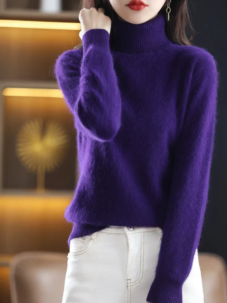 Suéter de Cuello Alto 100% Cachemira para Mujer, Cálido, Ajustado, Tejido en 23 Colores