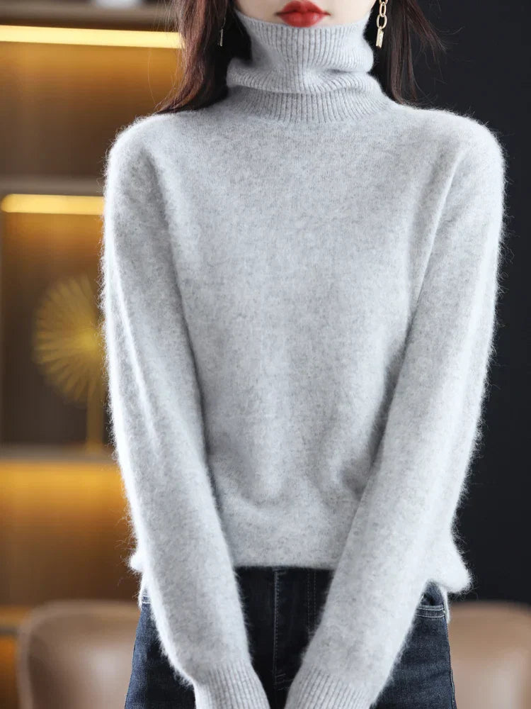 Suéter de Cuello Alto 100% Cachemira para Mujer, Cálido, Ajustado, Tejido en 23 Colores