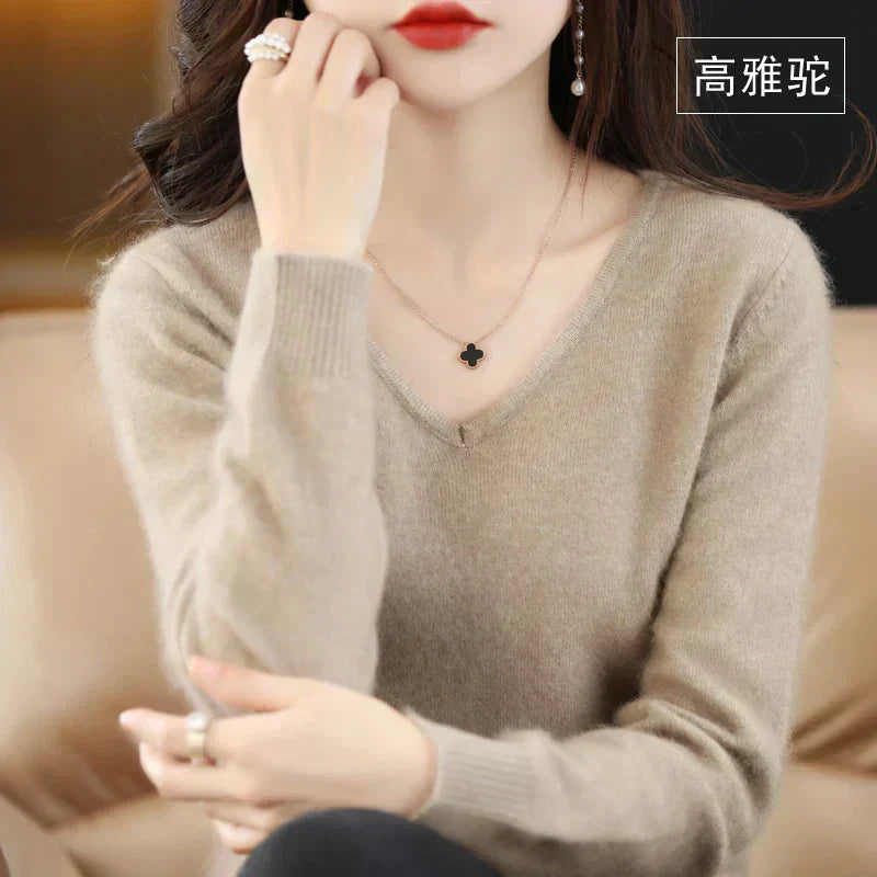 Suéter de V-Neck 100% Cachemira LunaWeave para Mujeres Ajustado