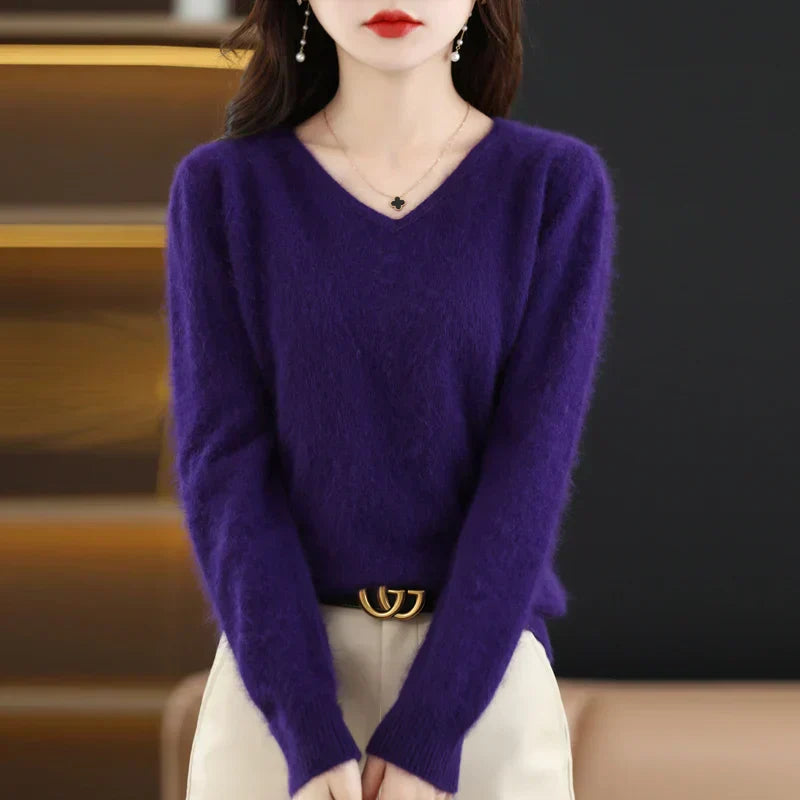 Suéter de V-Neck 100% Cachemira LunaWeave para Mujeres Ajustado