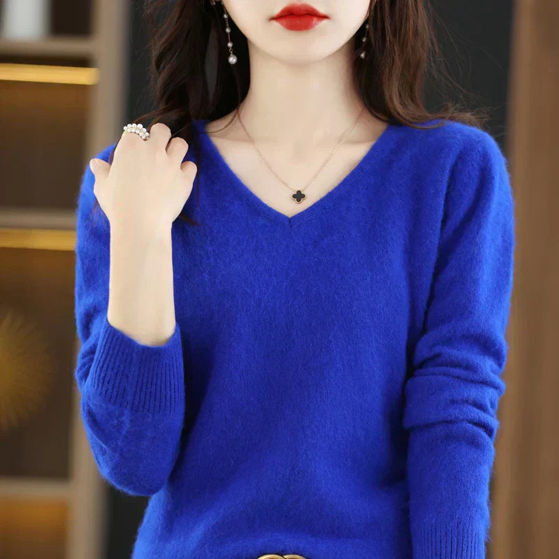 Suéter de V-Neck 100% Cachemira LunaWeave para Mujeres Ajustado