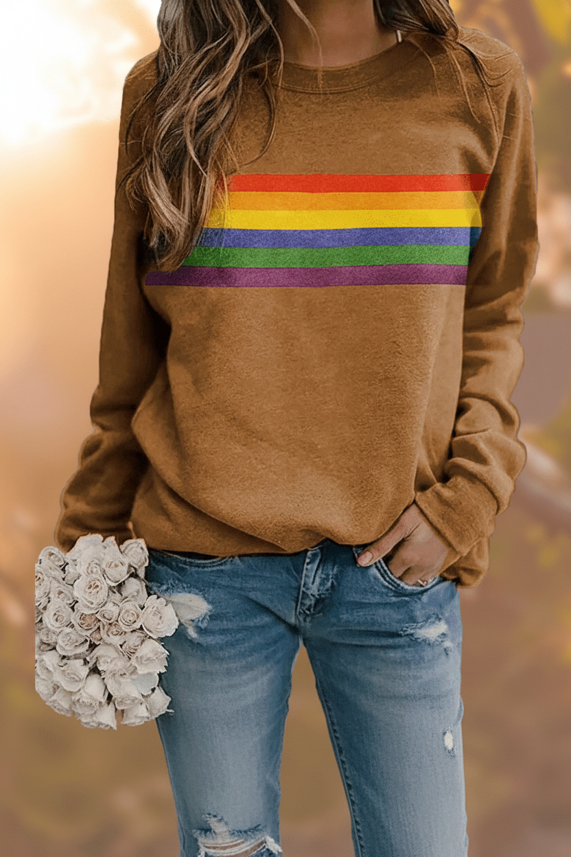 Sudadera cómoda con rayas arcoíris para mujer