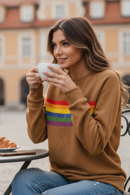 Sudadera cómoda con rayas arcoíris para mujer