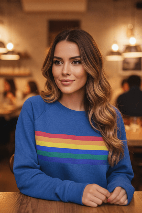 Sudadera cómoda con rayas arcoíris para mujer