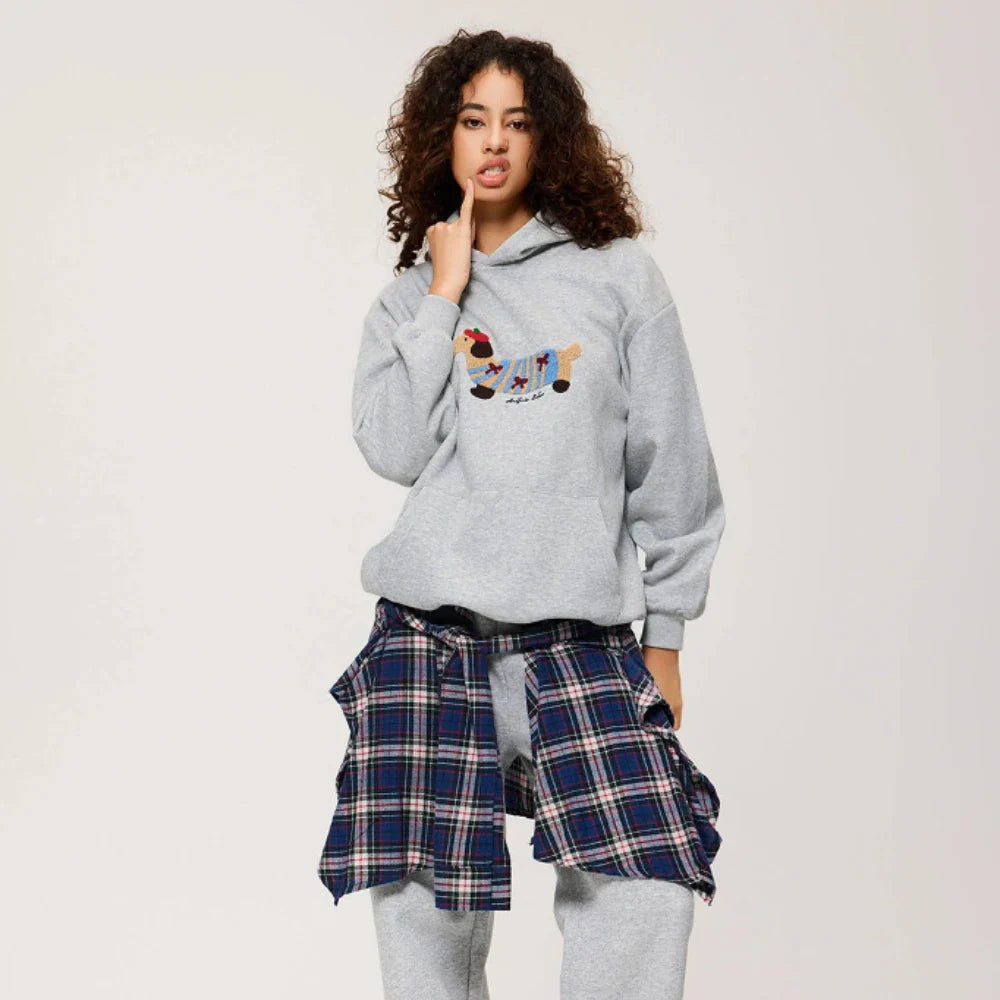 Sudadera con Capucha Cálida Hecha de Mezcla de Algodón con Dachshund Bordado para la Comodidad Otoñal