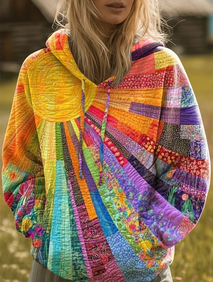 Sudadera con capucha para mujer de estilo bohemio con patchwork acolchado