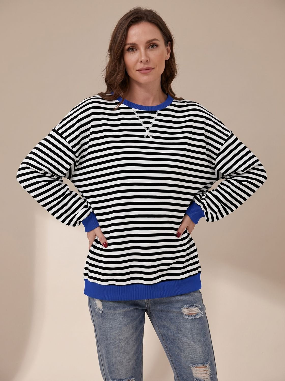 Sudadera de cuello redondo a rayas de estilo retro 'oversize' para mujer