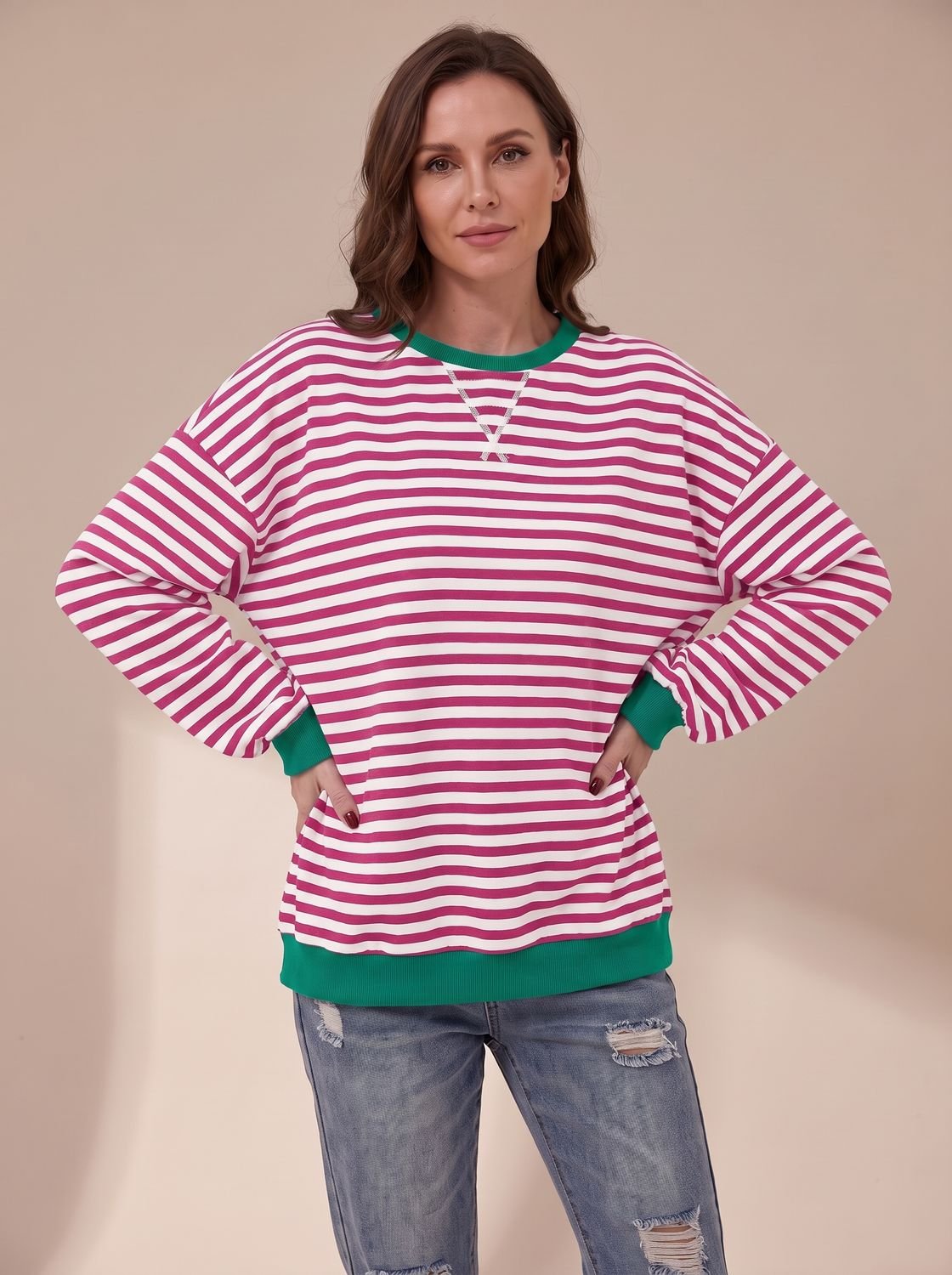 Sudadera de cuello redondo a rayas de estilo retro 'oversize' para mujer