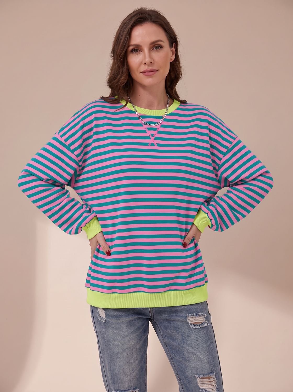Sudadera de cuello redondo a rayas de estilo retro 'oversize' para mujer