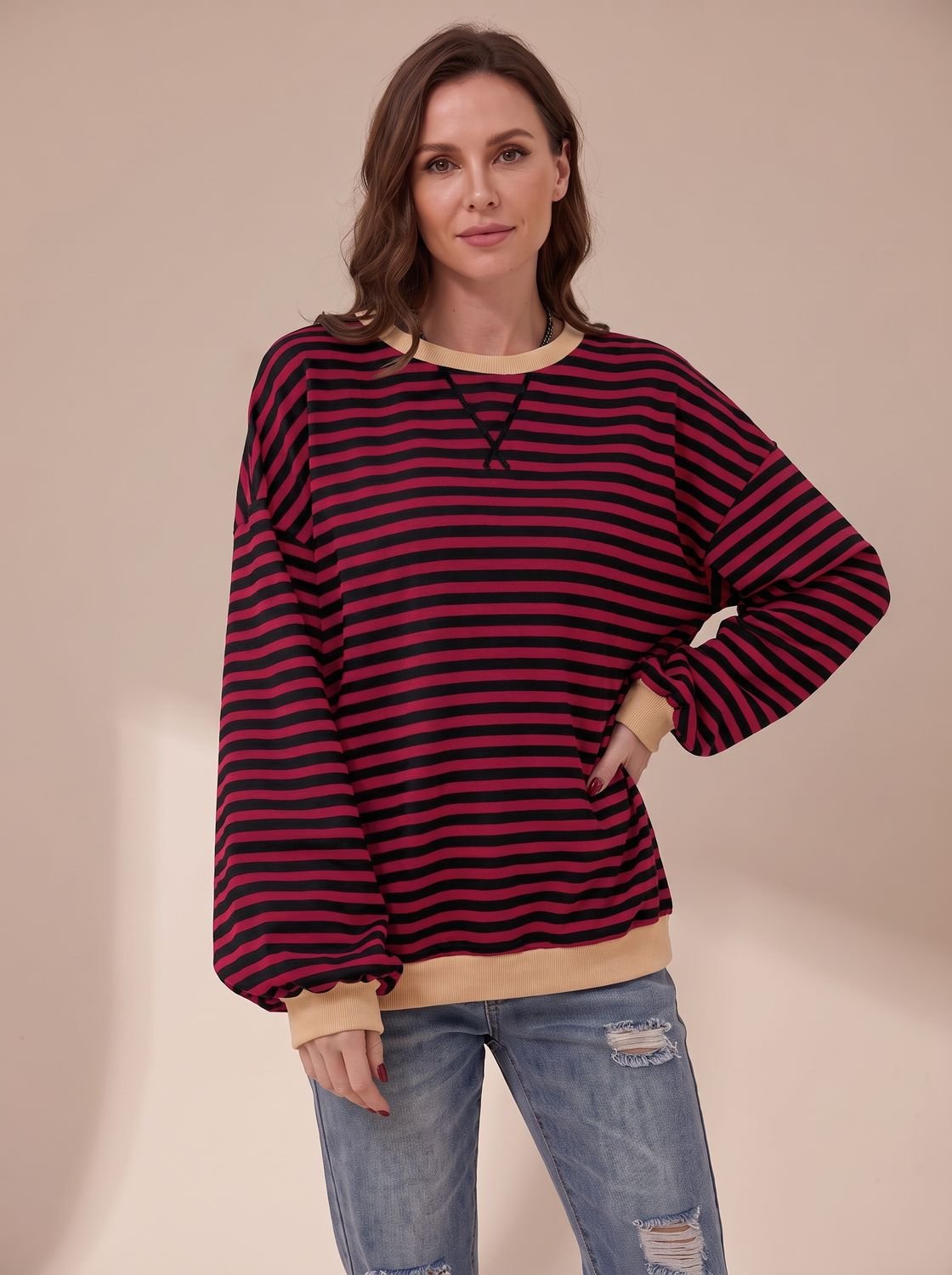 Sudadera de cuello redondo a rayas de estilo retro 'oversize' para mujer