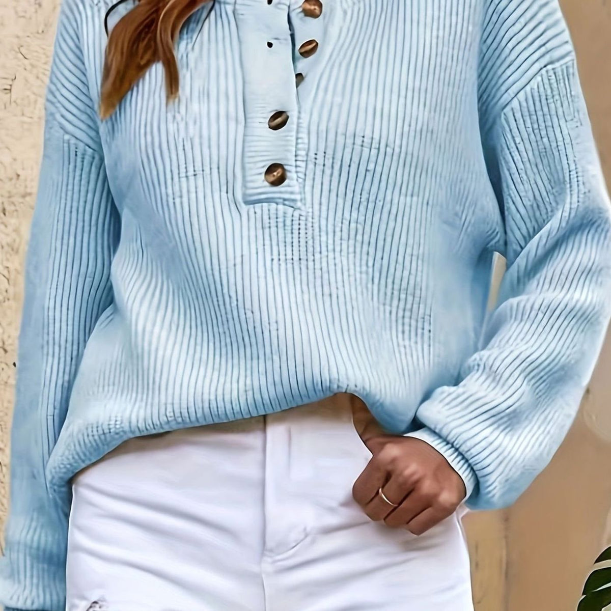 Suéter de punto acanalado para mujer con cuello henley abotonado