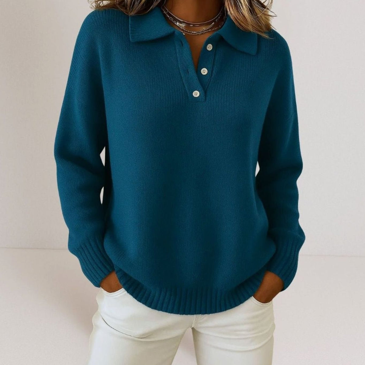 Suéter de punto holgado para mujer con cuello polo y tapeta de botones