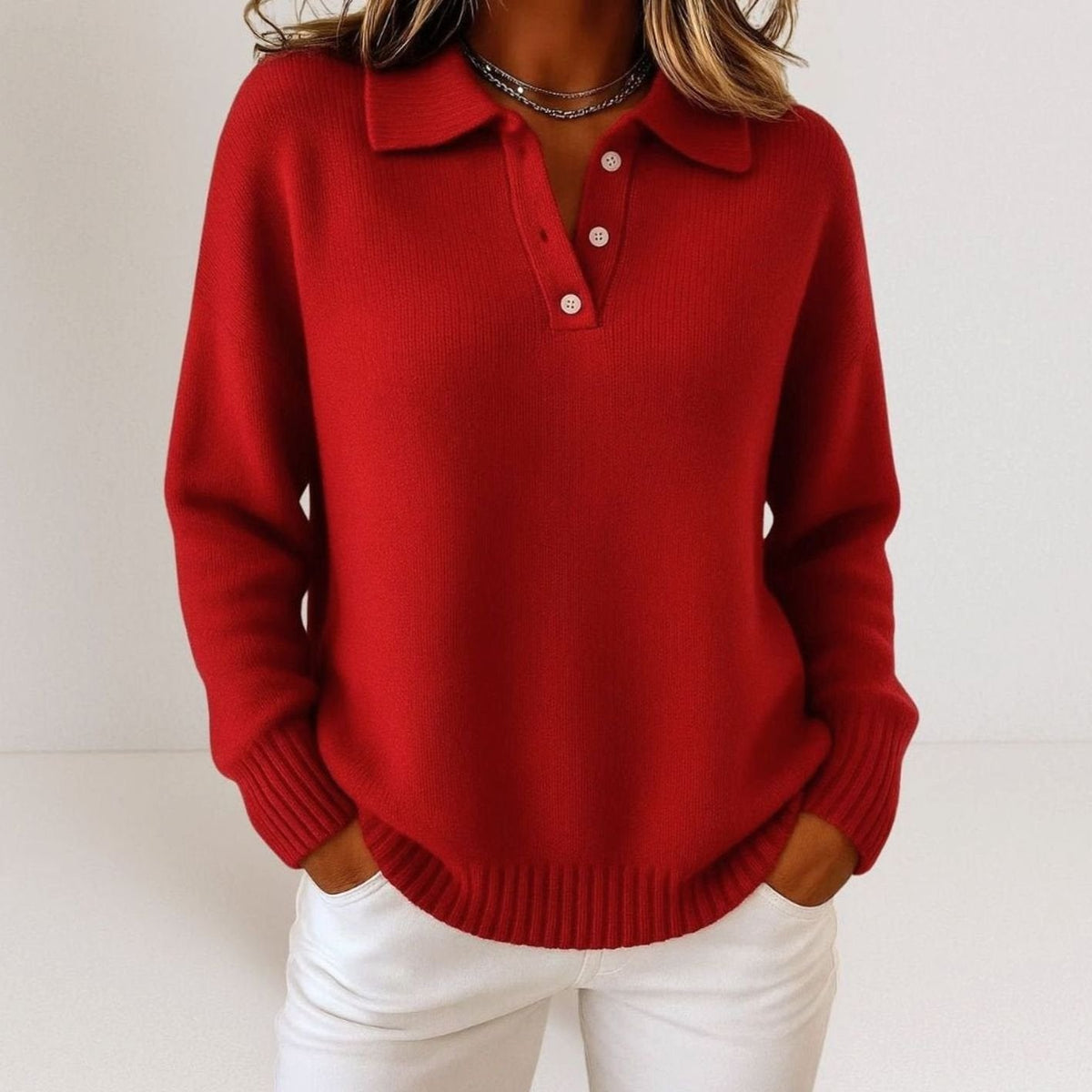 Suéter de punto holgado para mujer con cuello polo y tapeta de botones