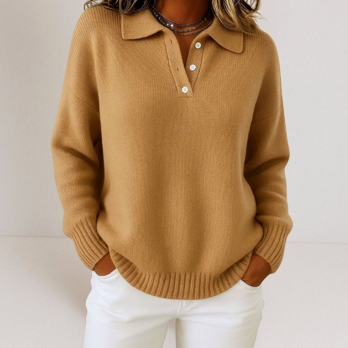 Suéter de punto holgado para mujer con cuello polo y tapeta de botones