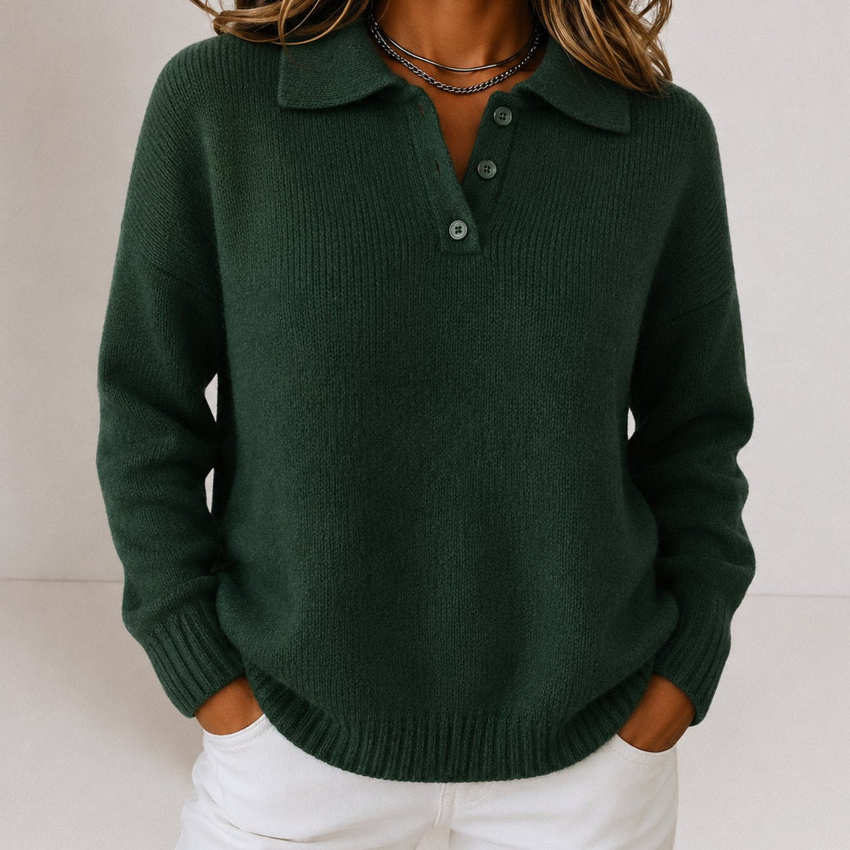 Suéter de punto holgado para mujer con cuello polo y tapeta de botones