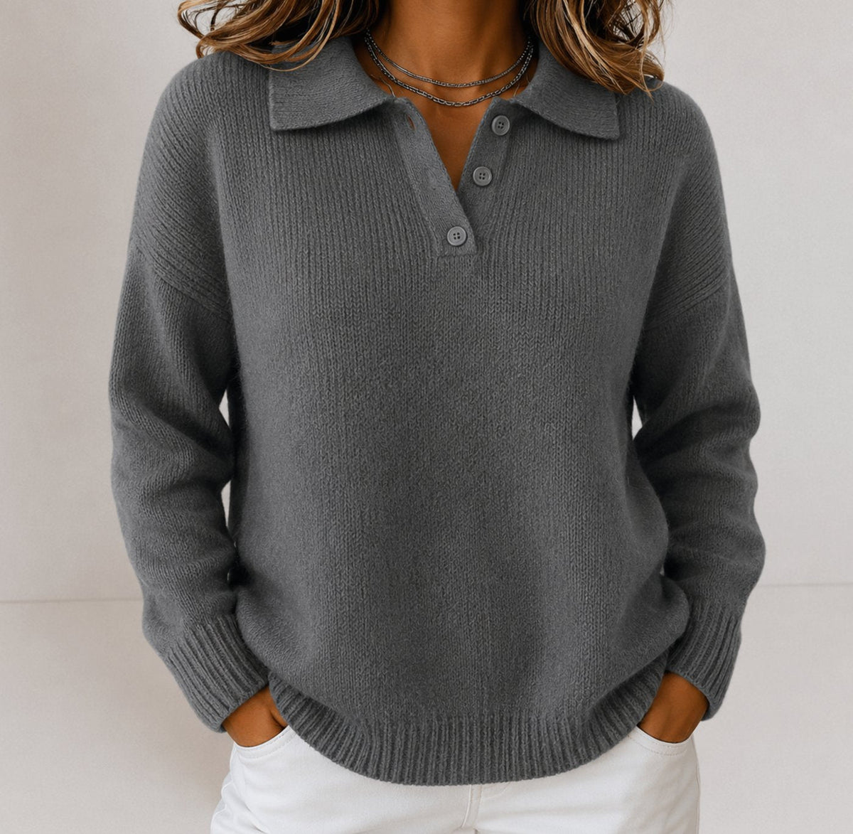 Suéter de punto holgado para mujer con cuello polo y tapeta de botones