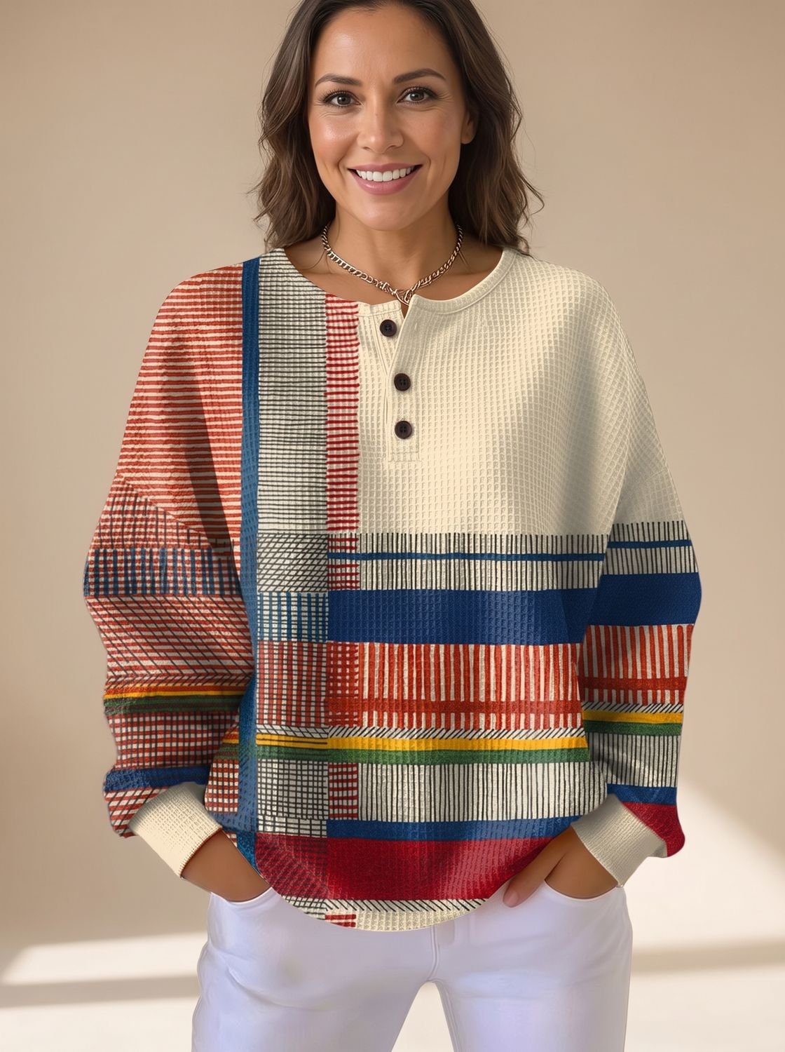 Suéter henley para mujer de manga larga en punto gofrado con bloques de color