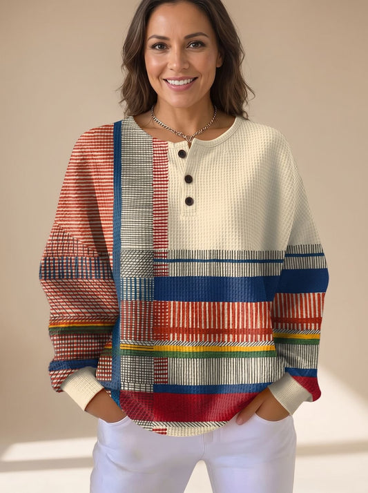Suéter henley para mujer de manga larga en punto gofrado con bloques de color