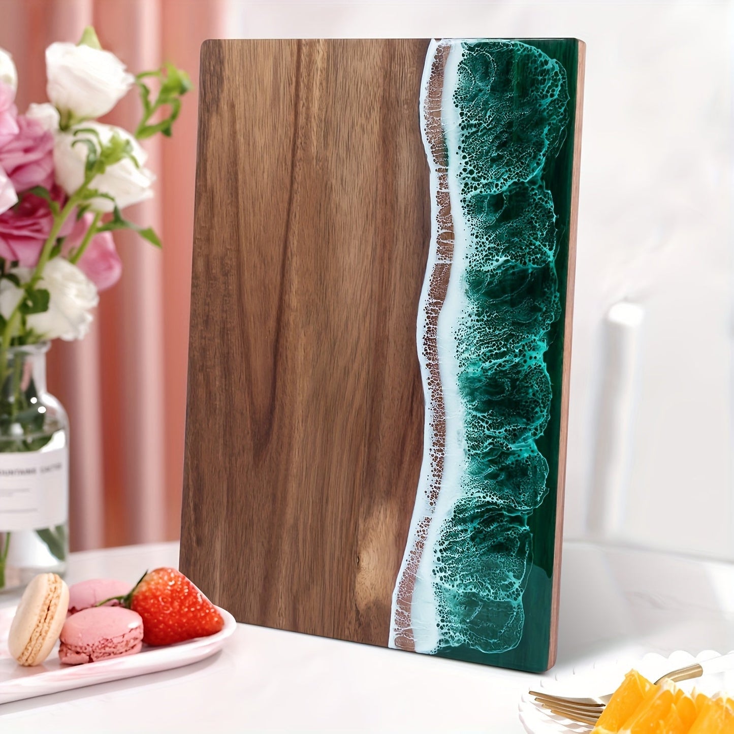 Tabla de Cortar de Resina con Olas | Tabla de Quesos y Servir de Madera de Acacia Inspirada en el Océano