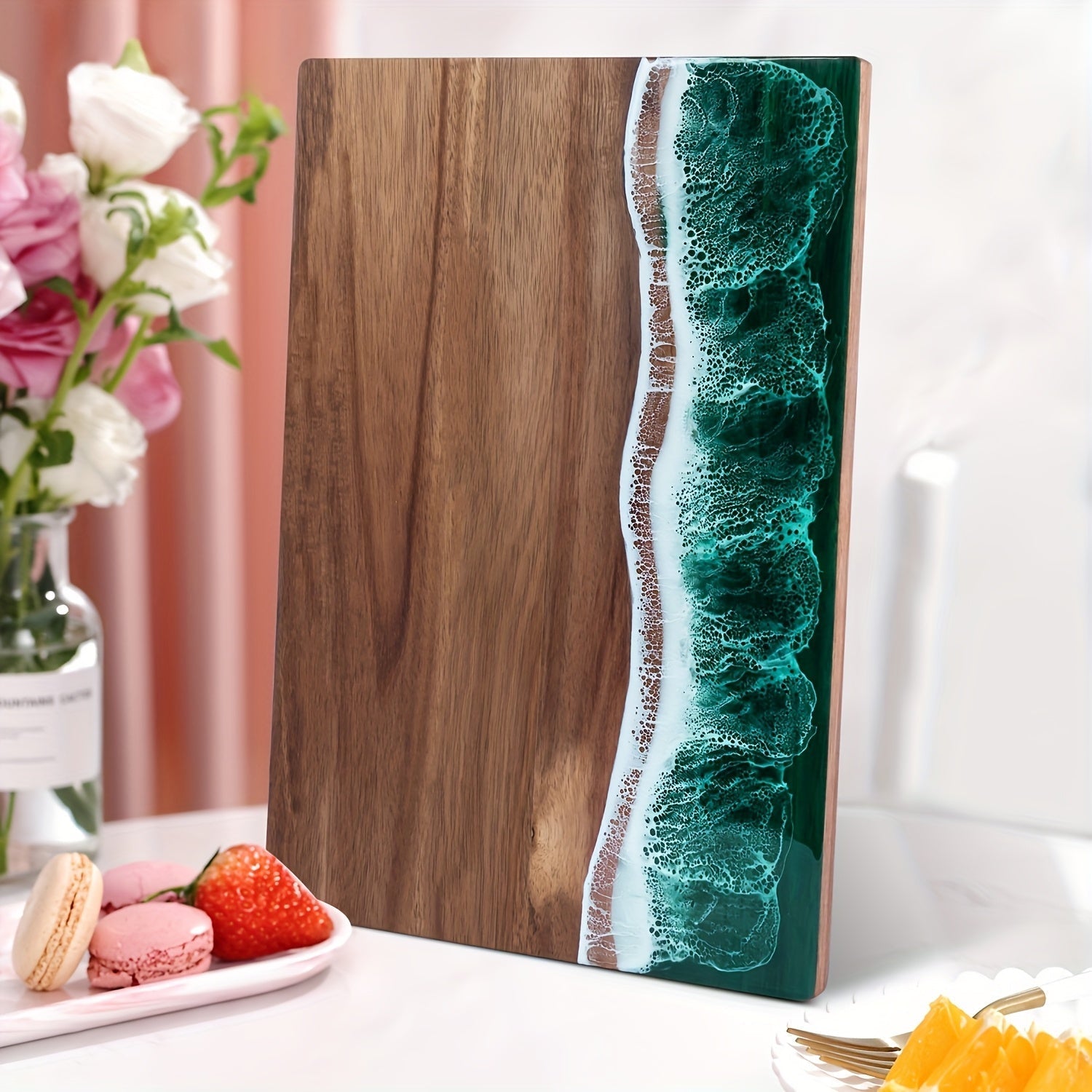 Tabla de Cortar de Resina con Olas | Tabla de Quesos y Servir de Madera de Acacia Inspirada en el Océano