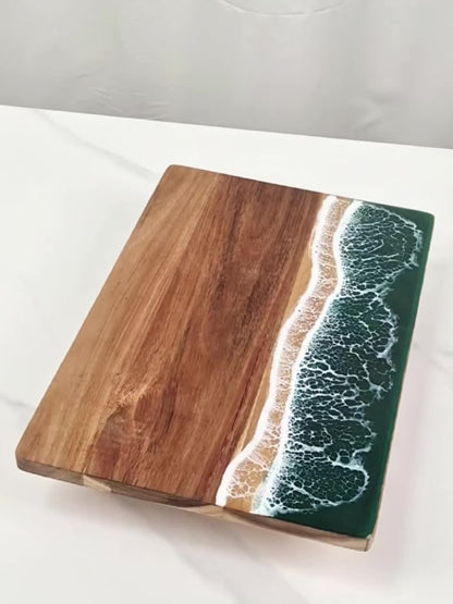 Tabla de Cortar de Resina con Olas | Tabla de Quesos y Servir de Madera de Acacia Inspirada en el Océano