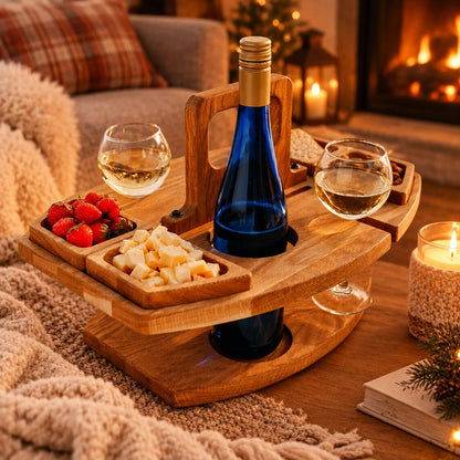 Tabla de servir navideña de madera con soporte para vino y aperitivos